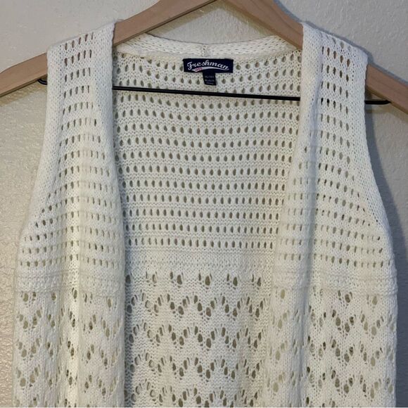 FRESHMAN Crochet Vest Women’s XL 16 Cream Open Front Side Slits. Duster. - Picture 3 of 11